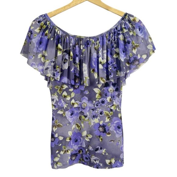 Karen Kane Semi Sheer Mesh Floral Print Ruffle Neckline Top Multicolor Size S - Picture 2 of 7